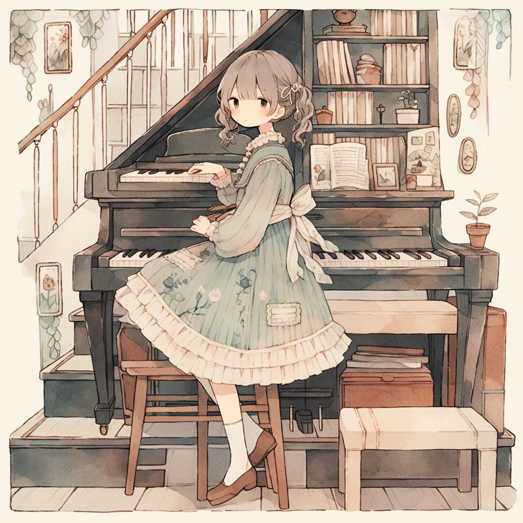 Cute anime girl playing piano