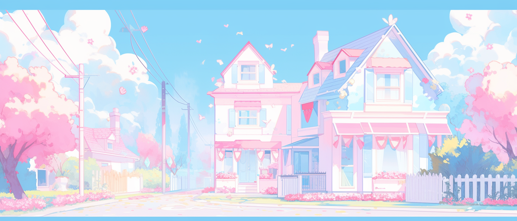 Cute anime street with blue skies