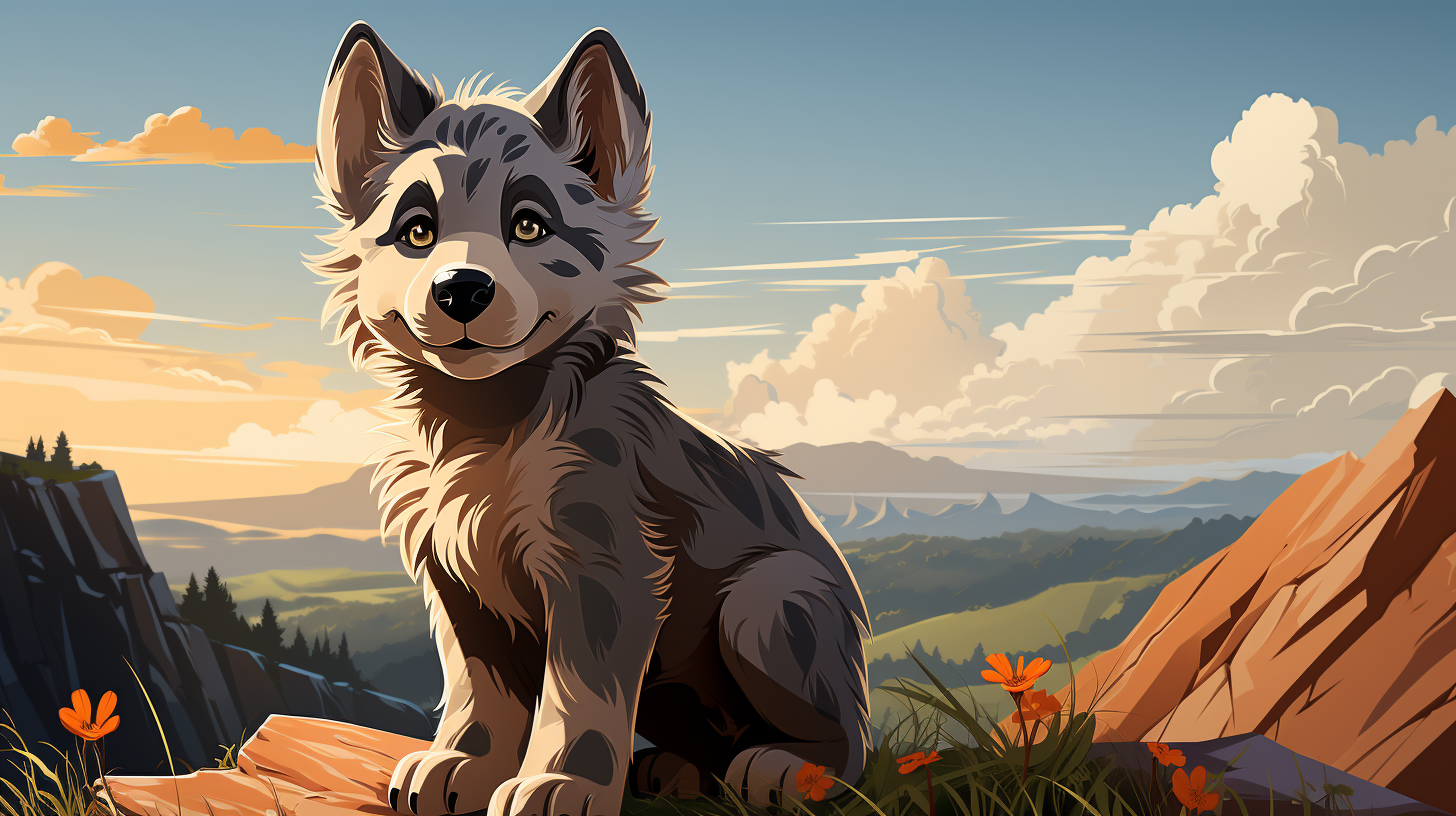 Cute baby cartoon gray wolf playing on a mountain