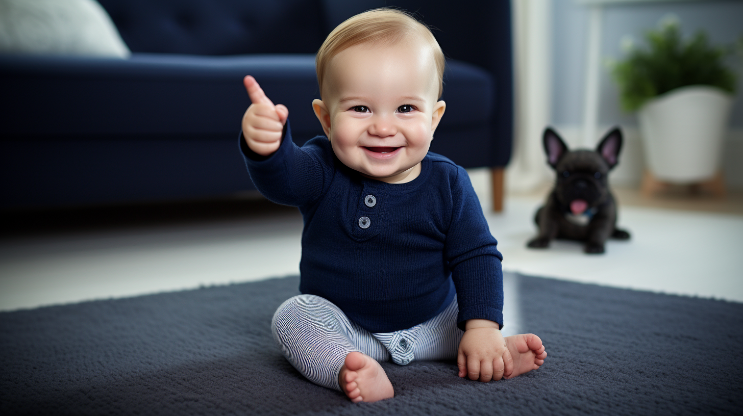 Happy baby crawling on cream carpet