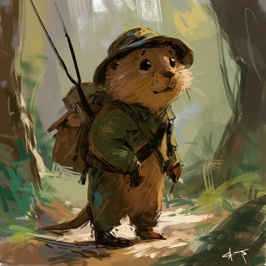 Cute beaver wearing ranger outfit in forest