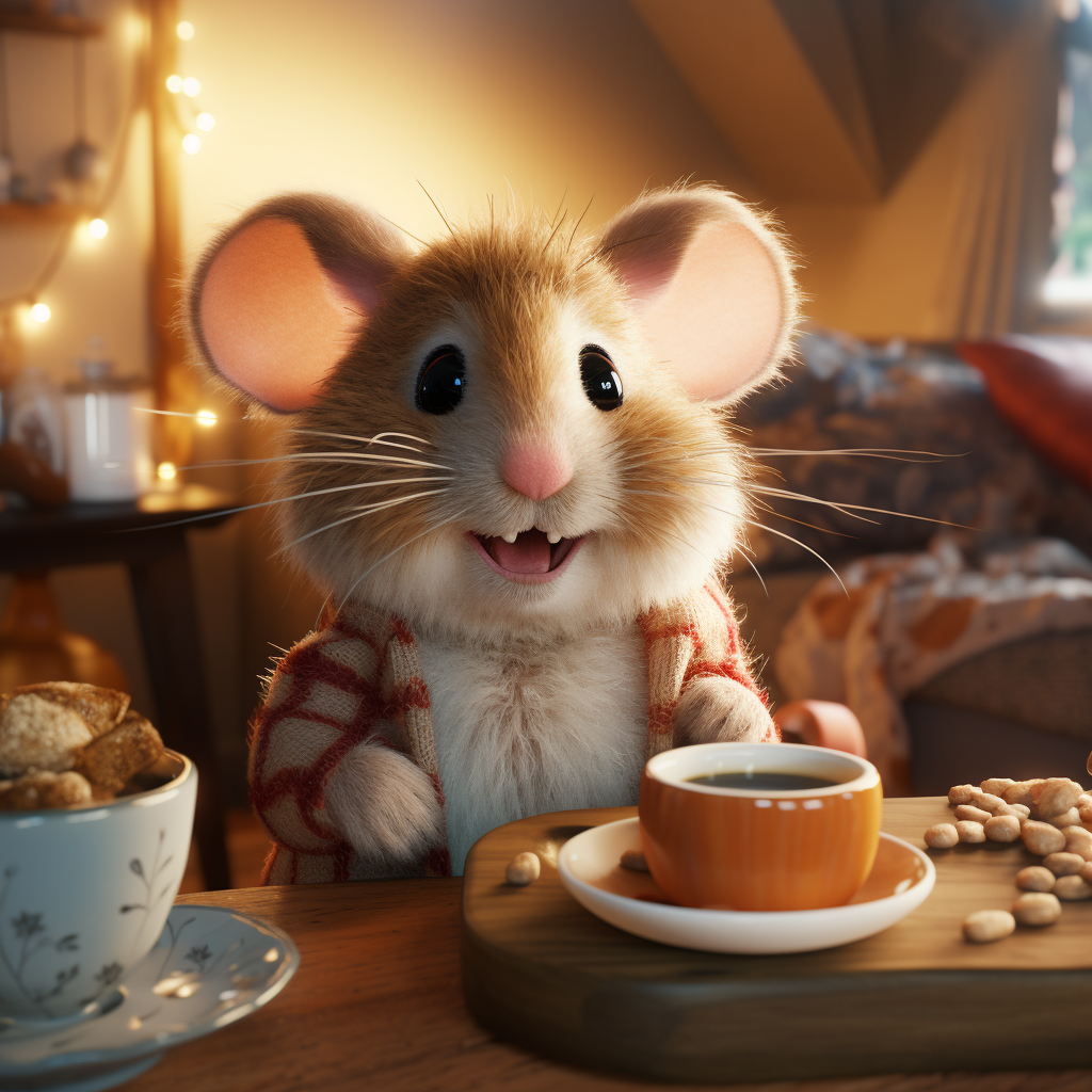 Chubby brown mouse savoring coffee