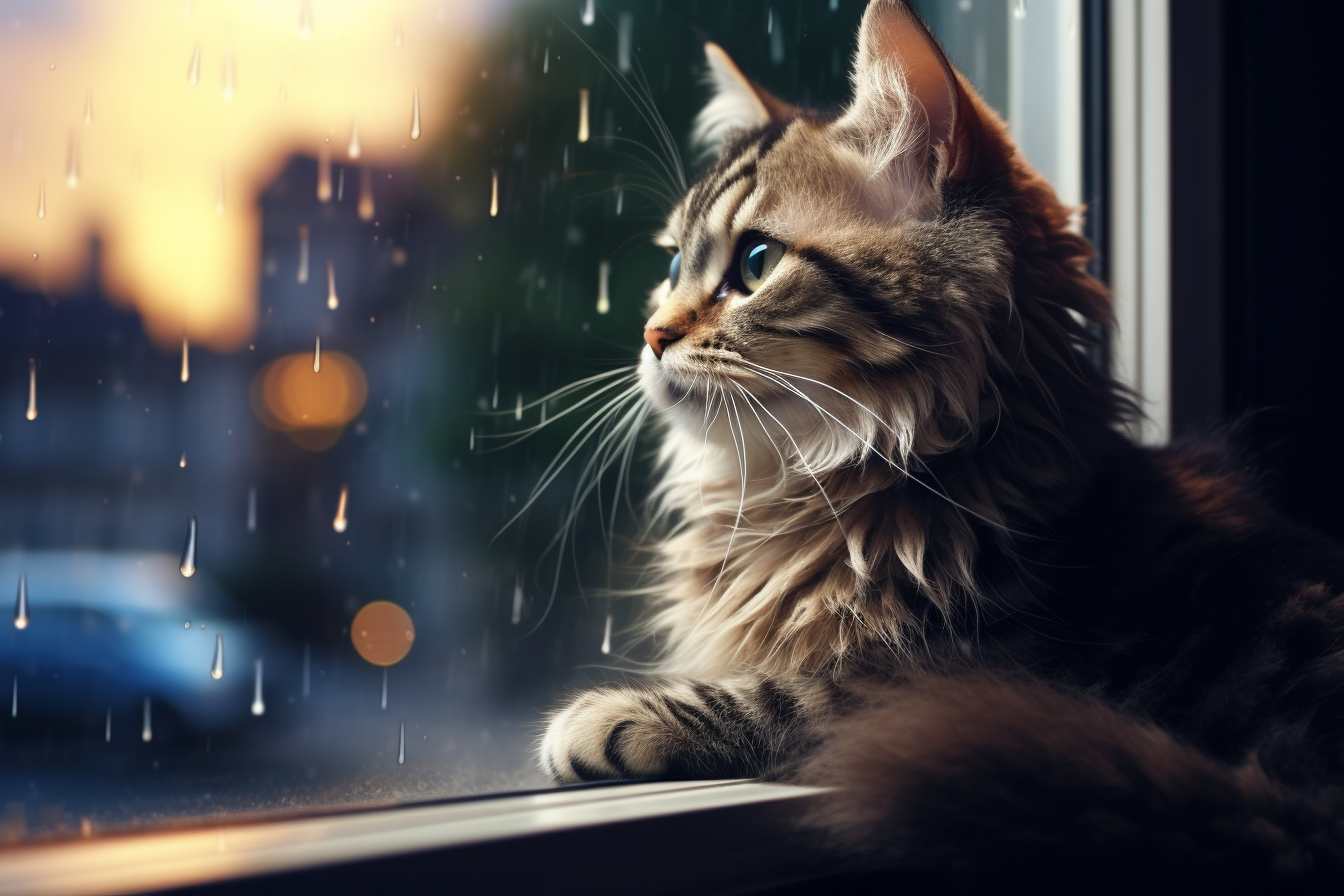 Cute cat on window sill with rain