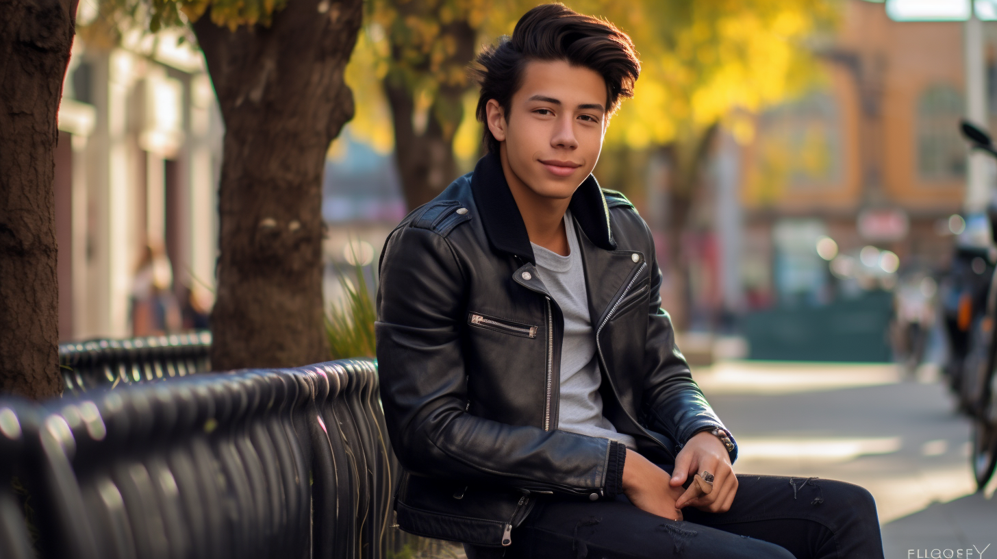 Young Colombian boy sitting in a sunny town square