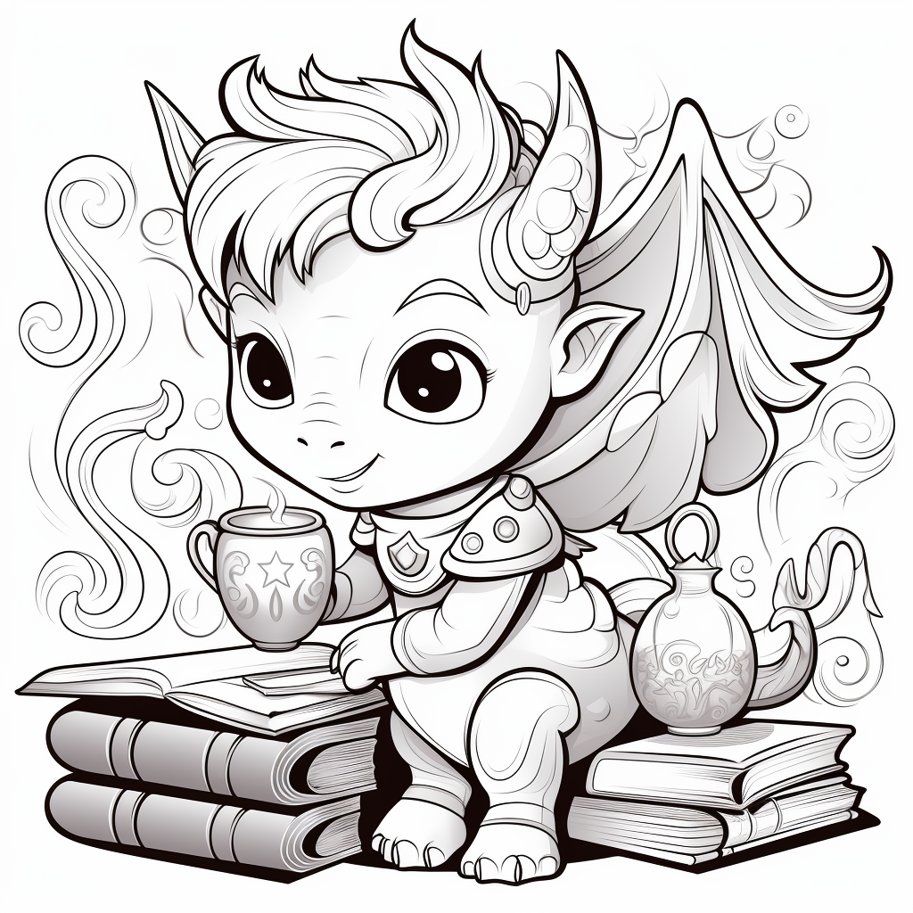 Coloring Book Page with Cute Dragon, Unicorn, and Genie Lamp