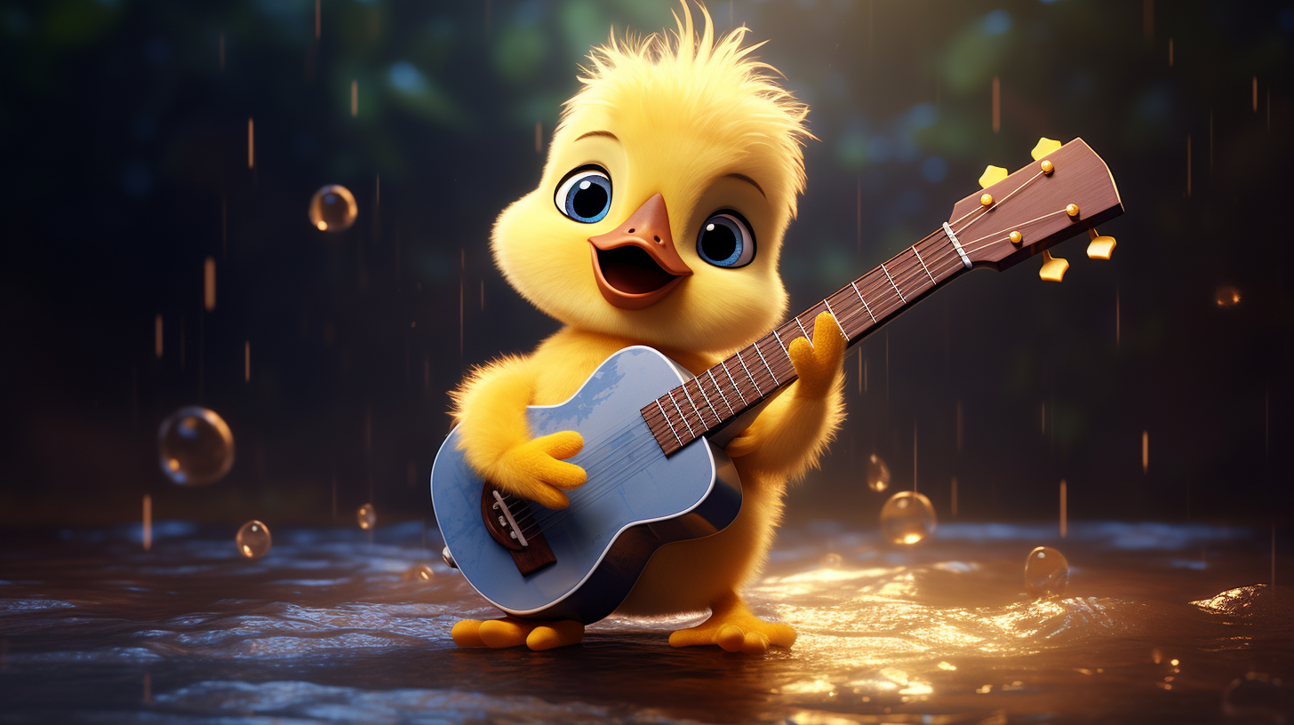 Adorable duckling playing a small guitar