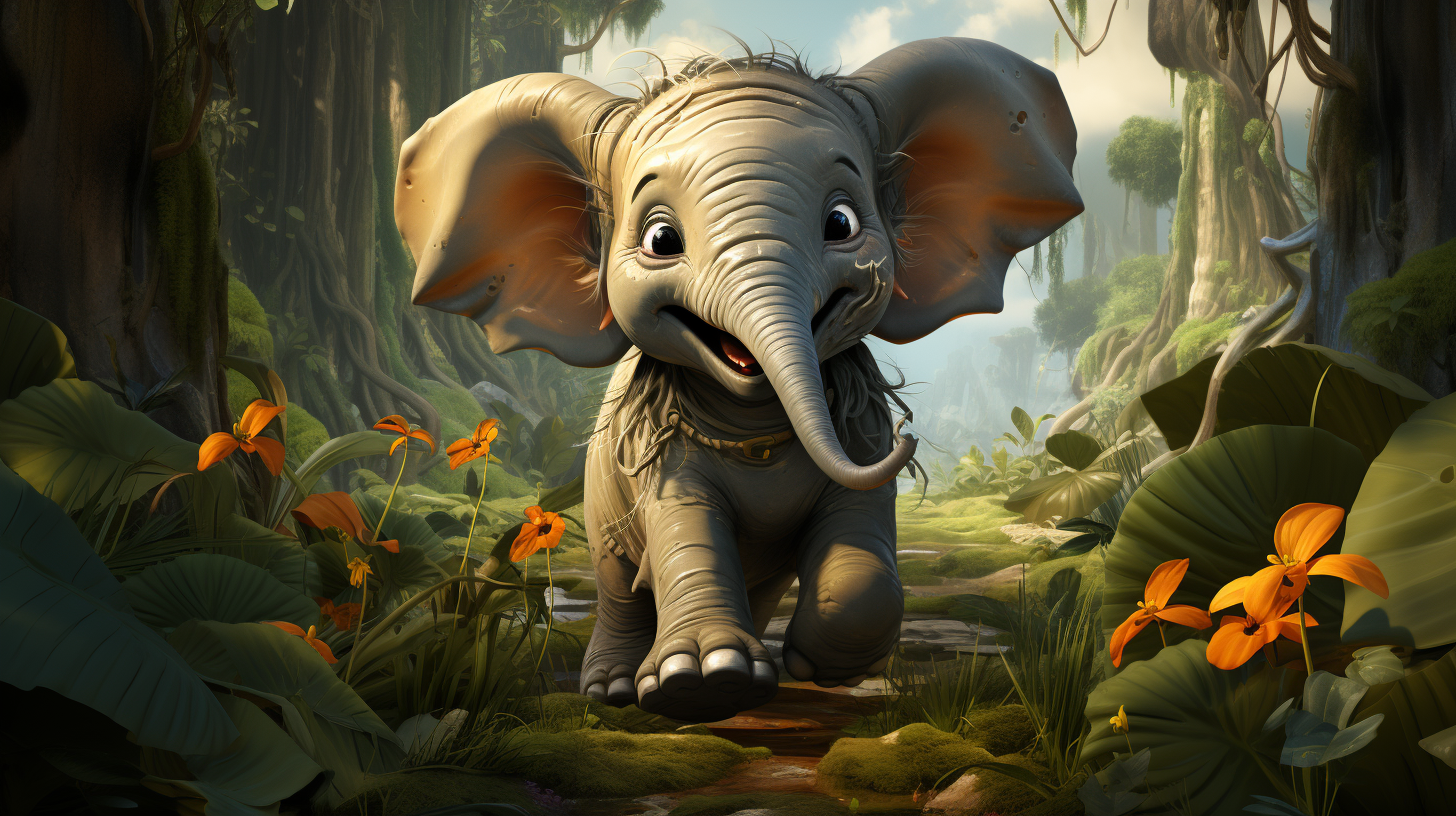 Cute elephant with big eyes smiling in the forest.