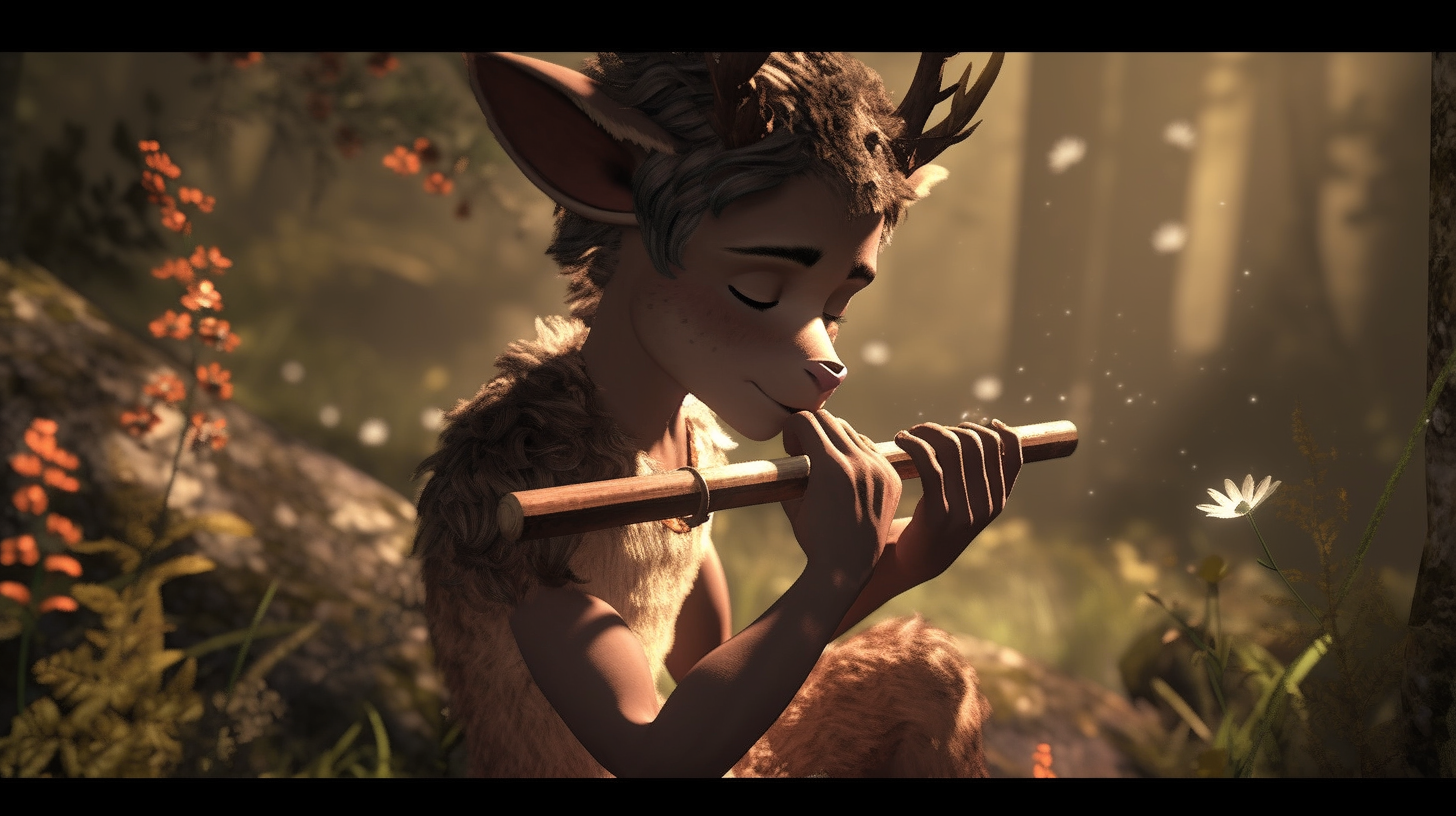 Adorable faun dancing in mystical forest