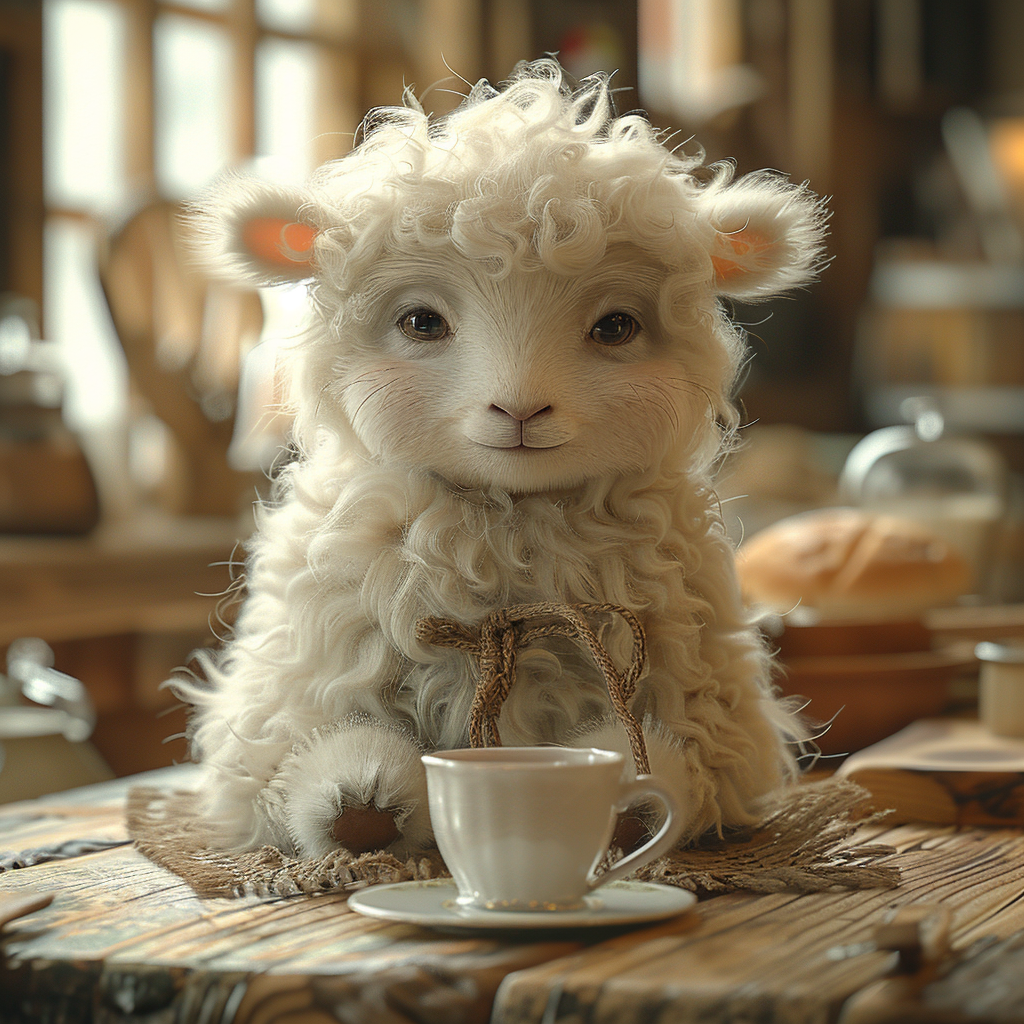 Cute Fluffy Baby Sheep Drinking Coffee