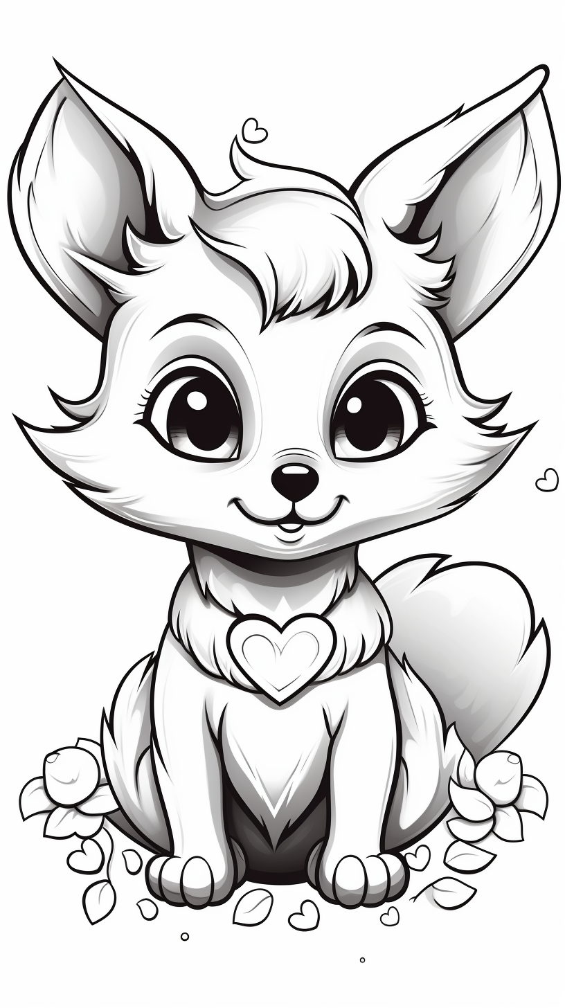 Cute fox with hearts on a coloring book page