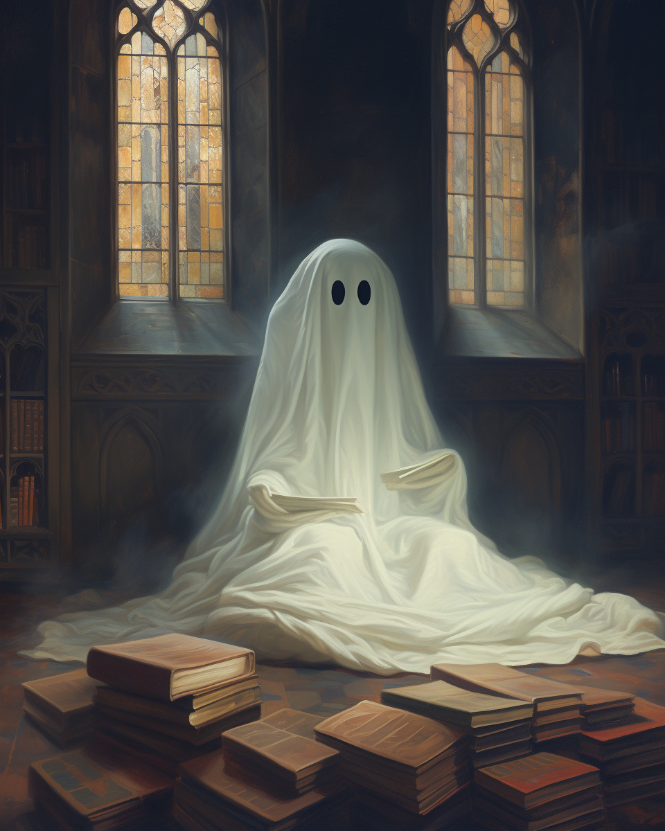 Cute ghost in old library