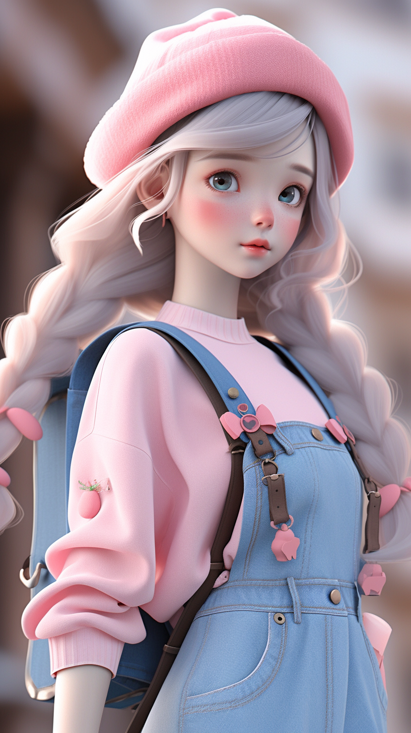 Adorable girl in pink and blue overalls