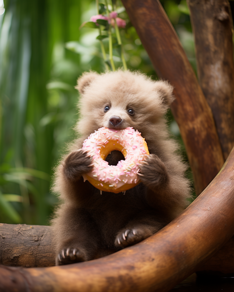 Baby bear enjoying donut balls in Kauai jungle