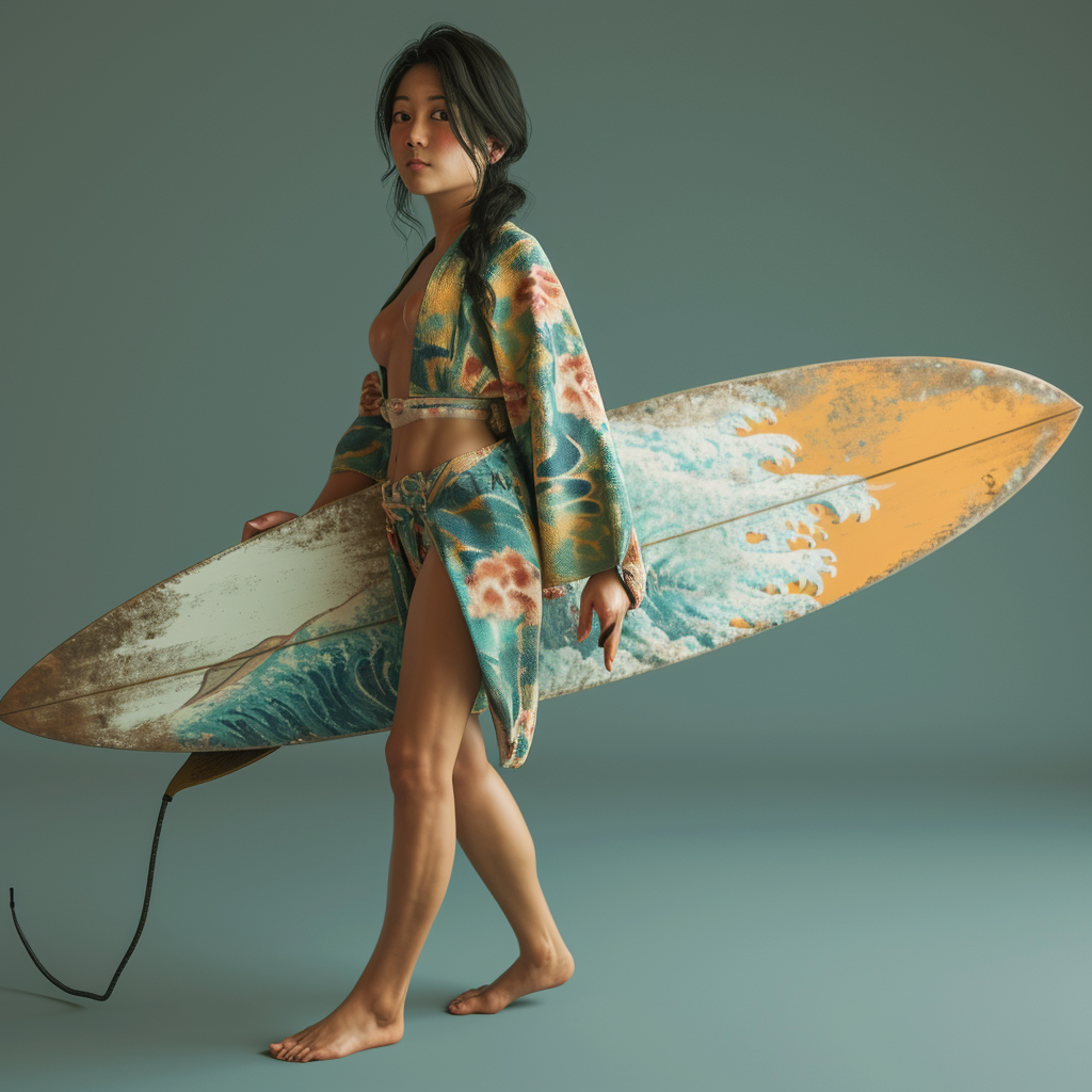 Cute Japanese woman surfing with surfboard