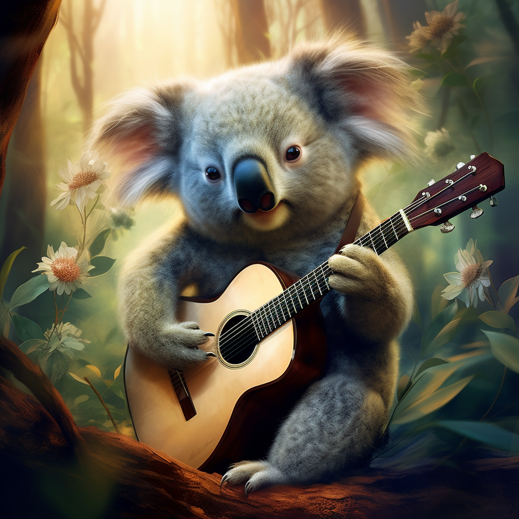 Cute koala playing guitar with long hair