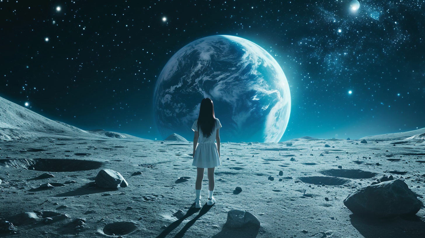 Cute K-Pop girl on the moon with Earth background