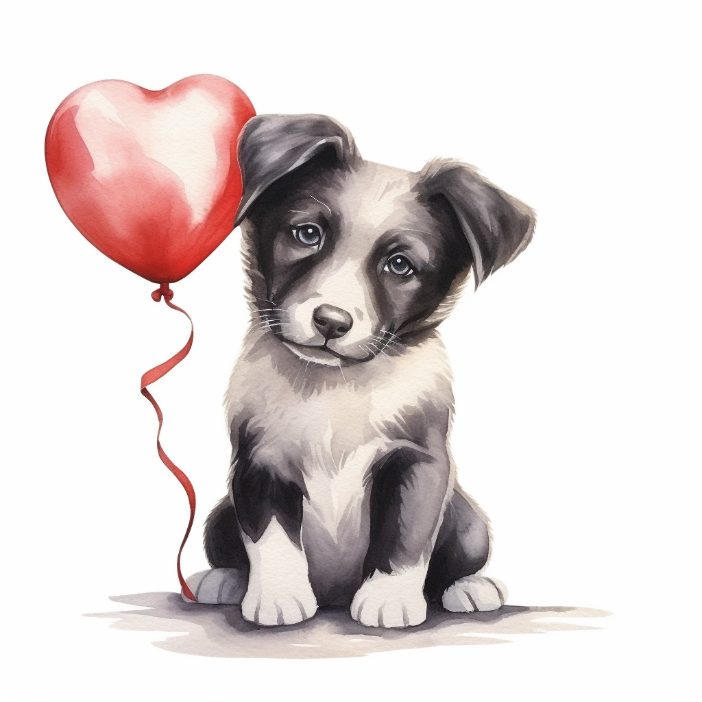 A sweet black Labrador holds a heart balloon