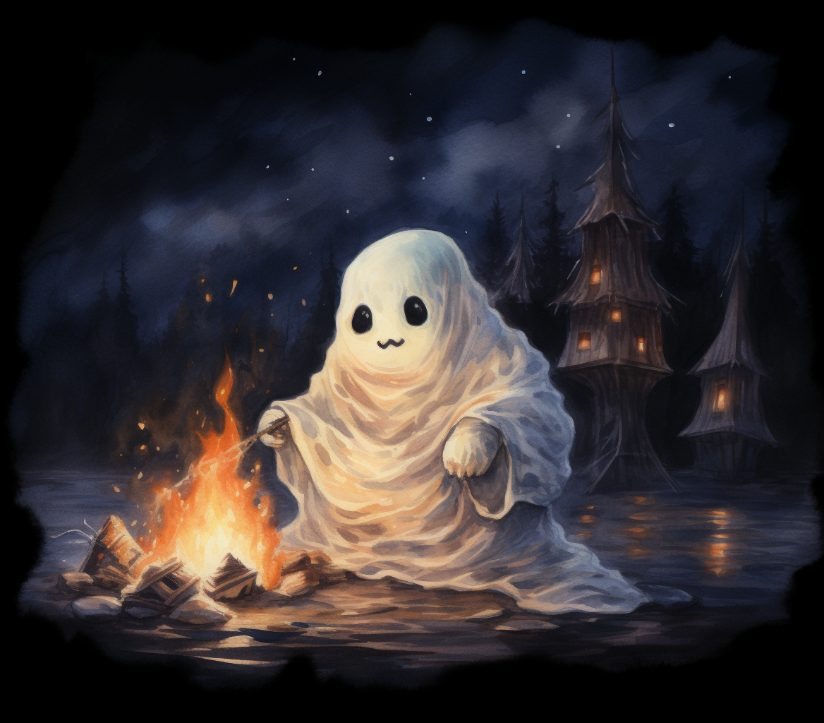 Cute sheet ghost sitting at campfire