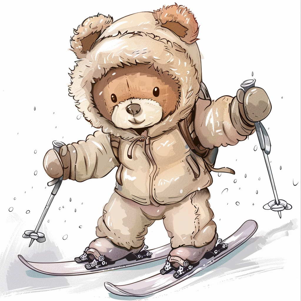 Smiling teddy bear skiing