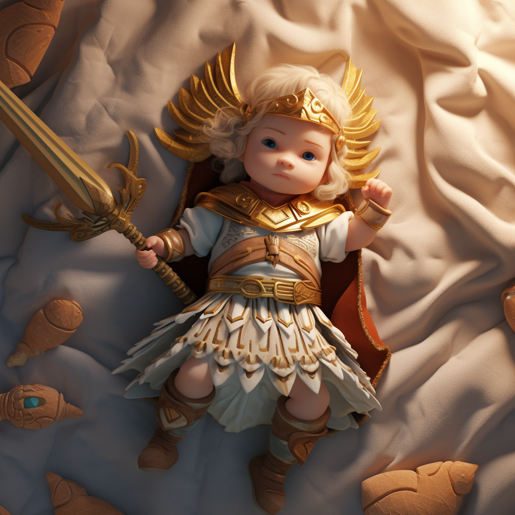 Cute warrior princess toddler on bed