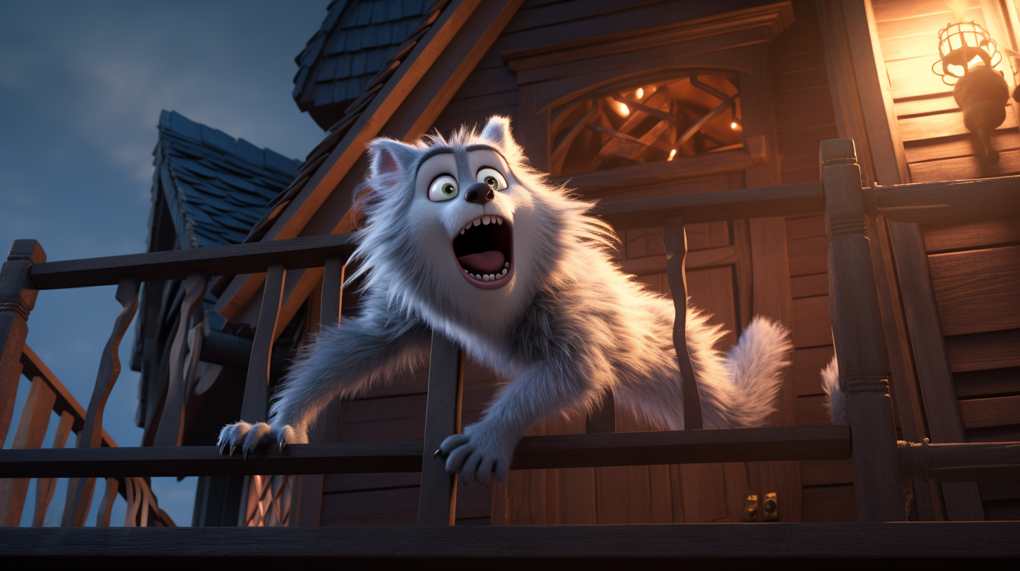 Cute werewolf climbing house in Pixar style