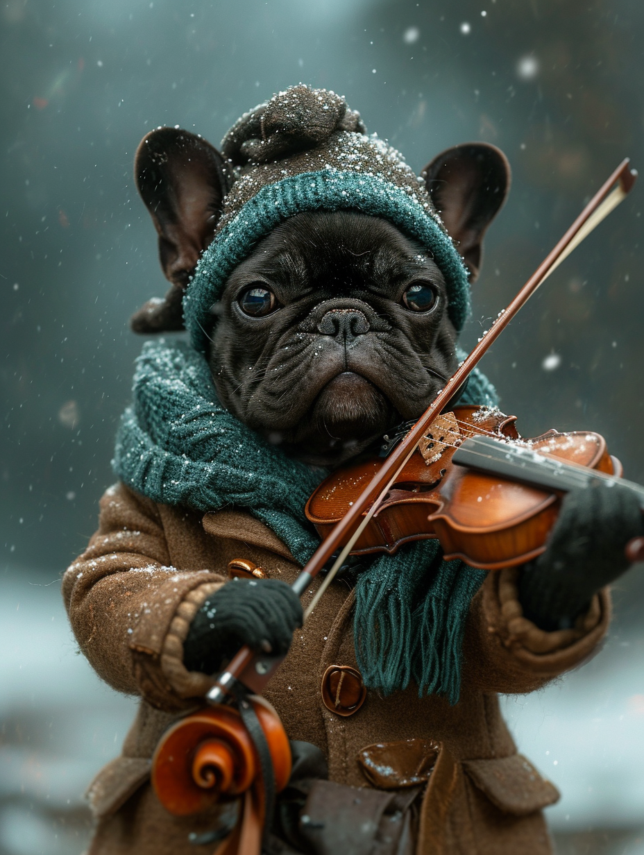 Black French Bulldog Playing Violin Under Stars