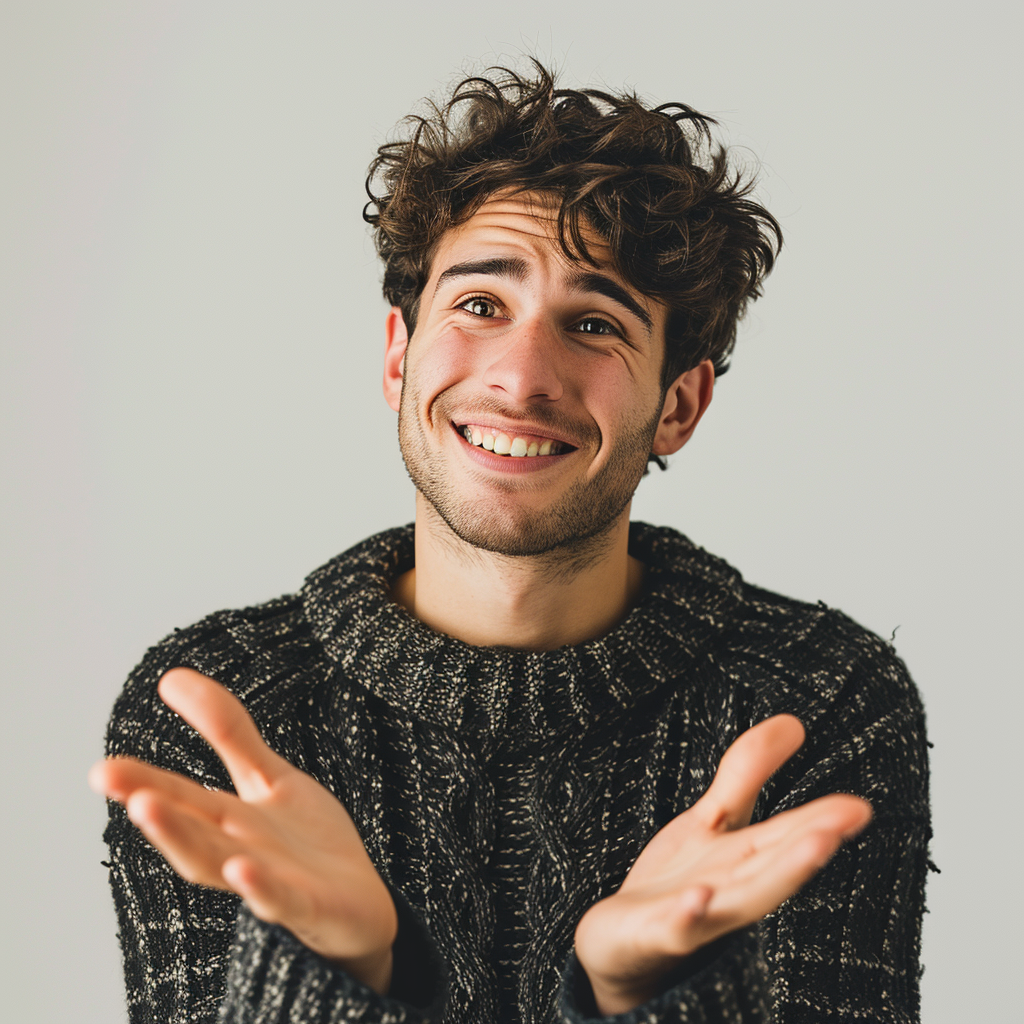 Young man smiling and shrugging shoulders