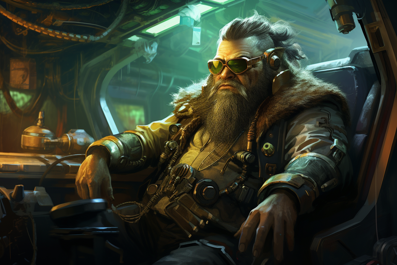 Shadowrun, the grumpy cyber dwarf sitting in futuristic car