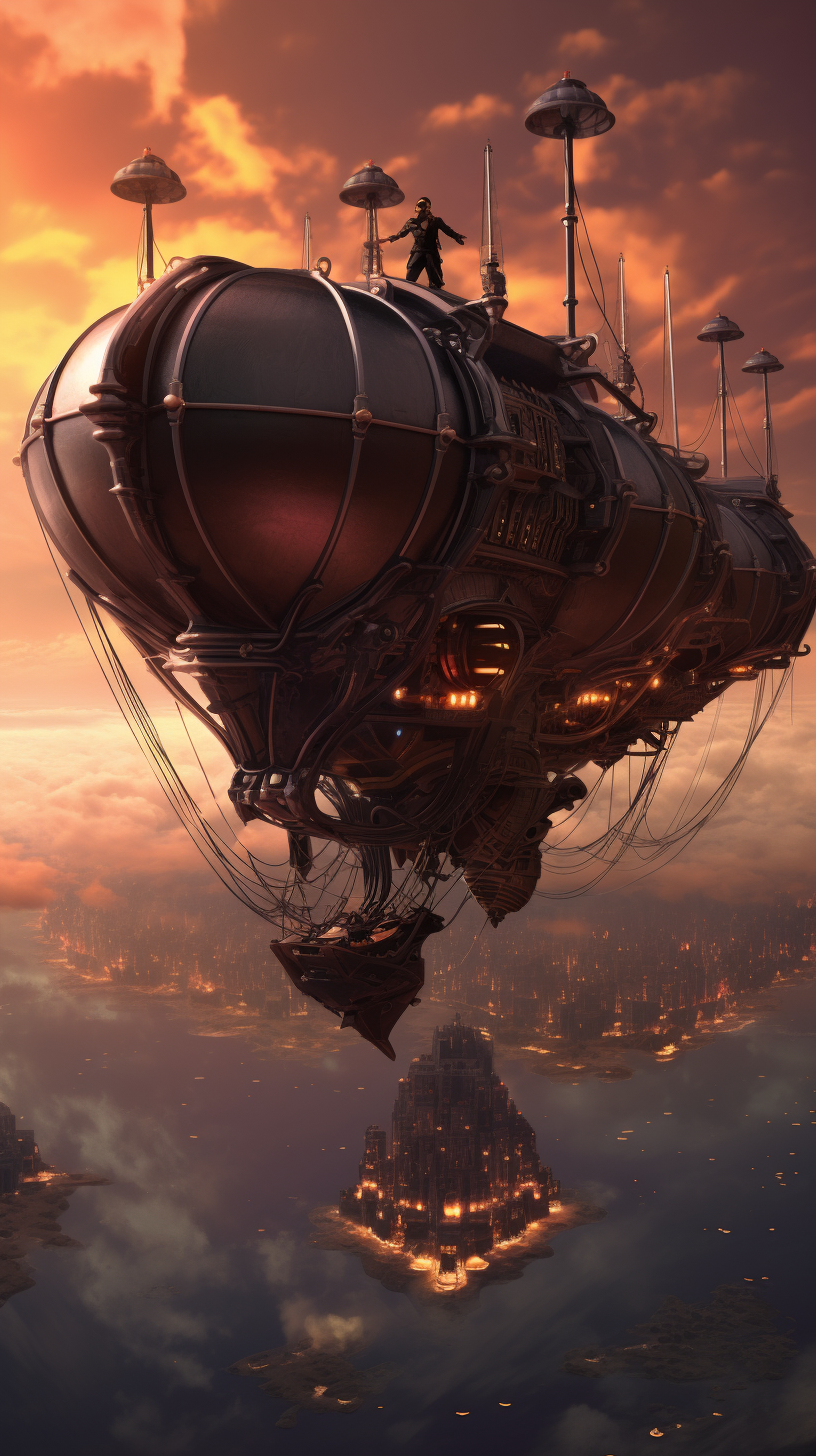 Cybernetic assassin on floating airship during twilight