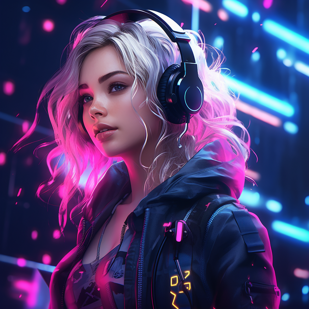 Realistic cyberpunk female gamer on neon background