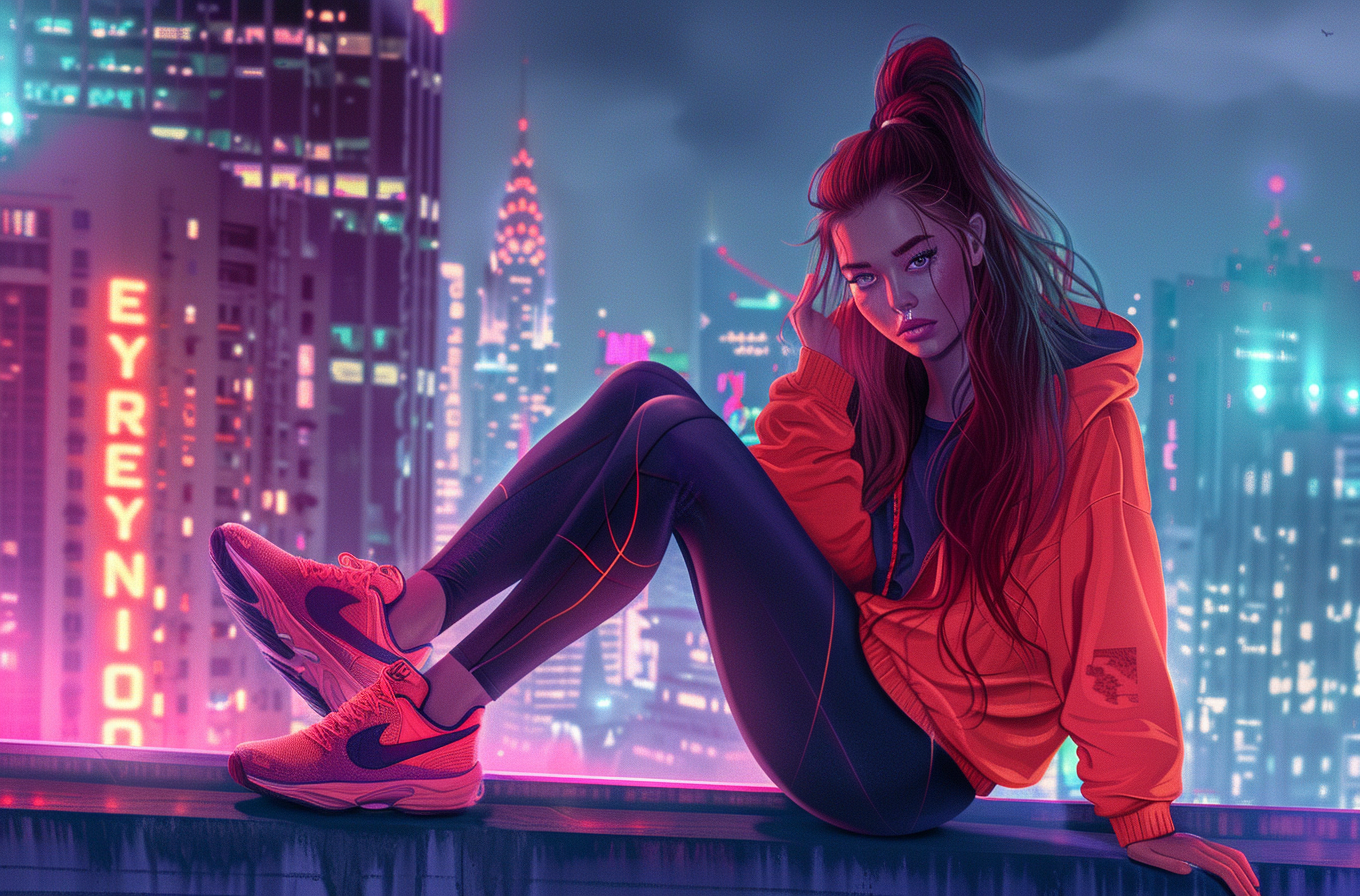 Cyberpunk girl on rooftop city lights