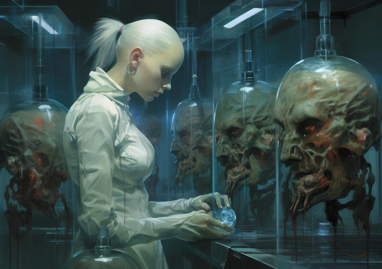 Cyberpunk laboratory human experiment with open skulls