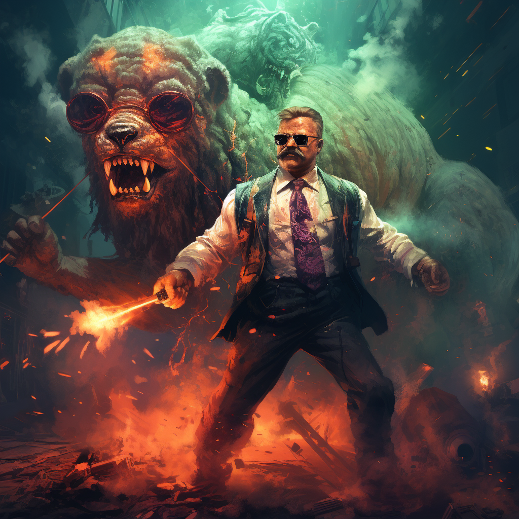 Teddy Roosevelt fighting evil in cyberpunk style