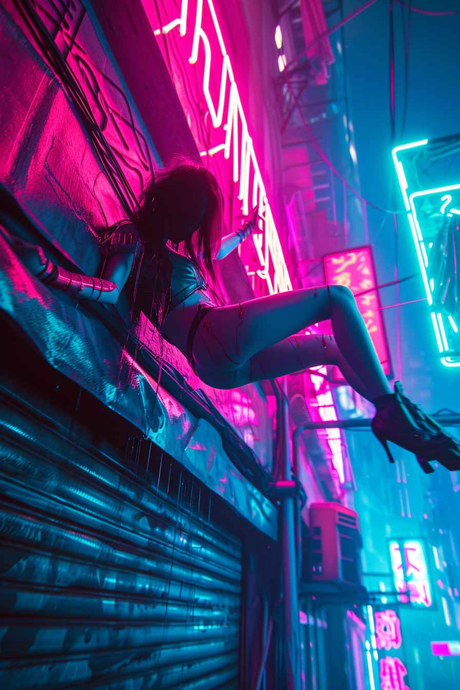 A cyberpunk woman falling from a neon building