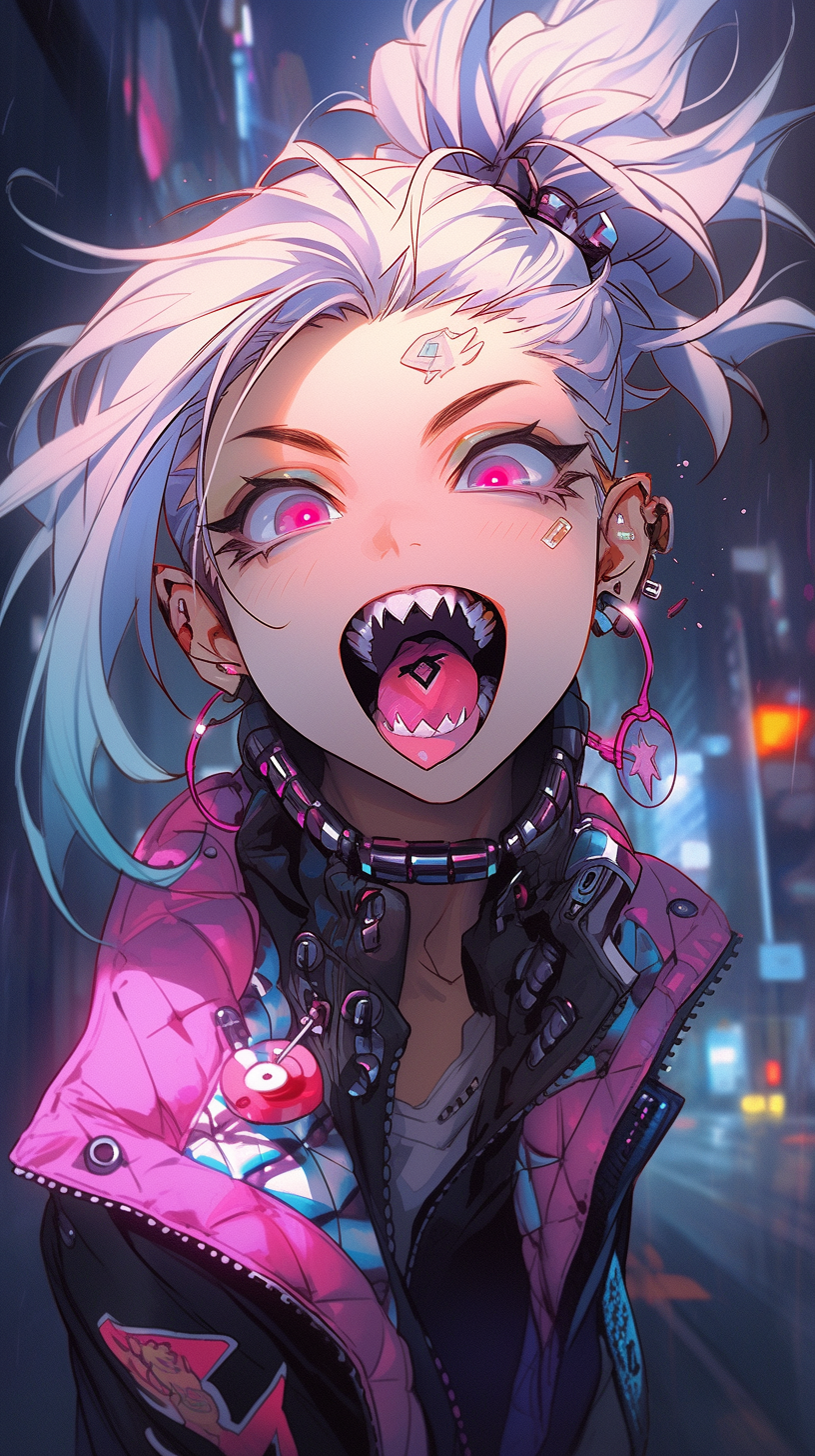 Cyberpunk girl singing with bright eyeshadow