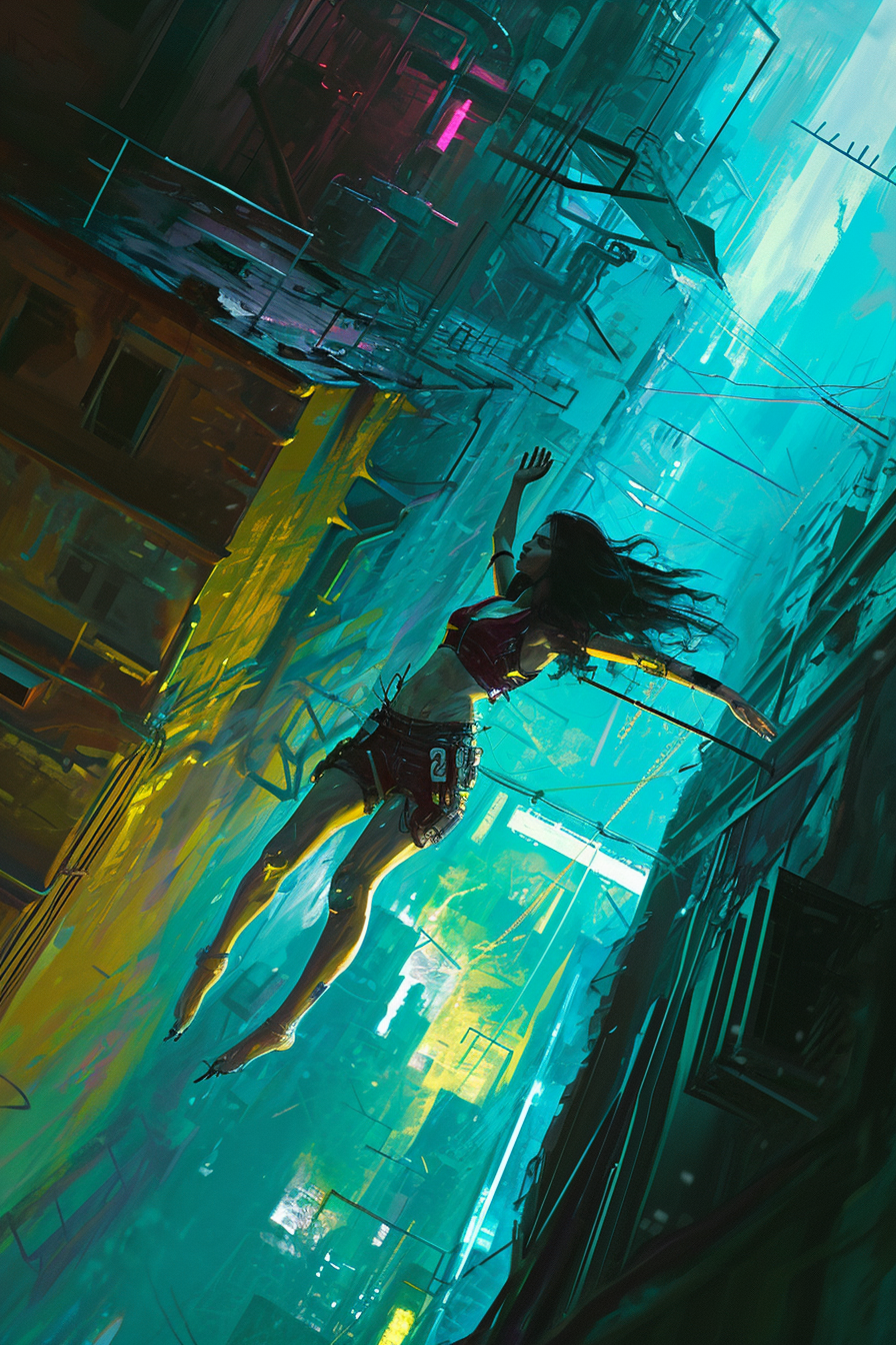 Cyberpunk woman falling from neon building