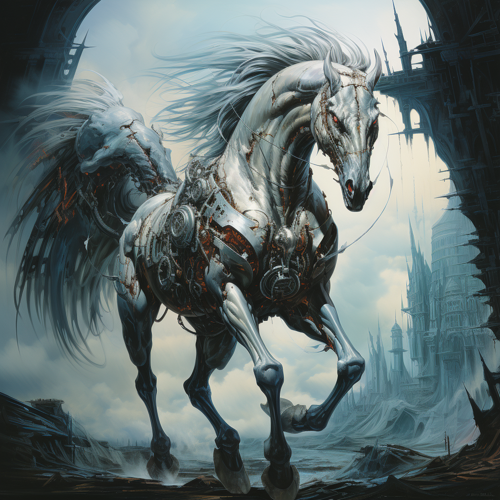 Cyborg Pegasus flying over Reveen in fantasy art