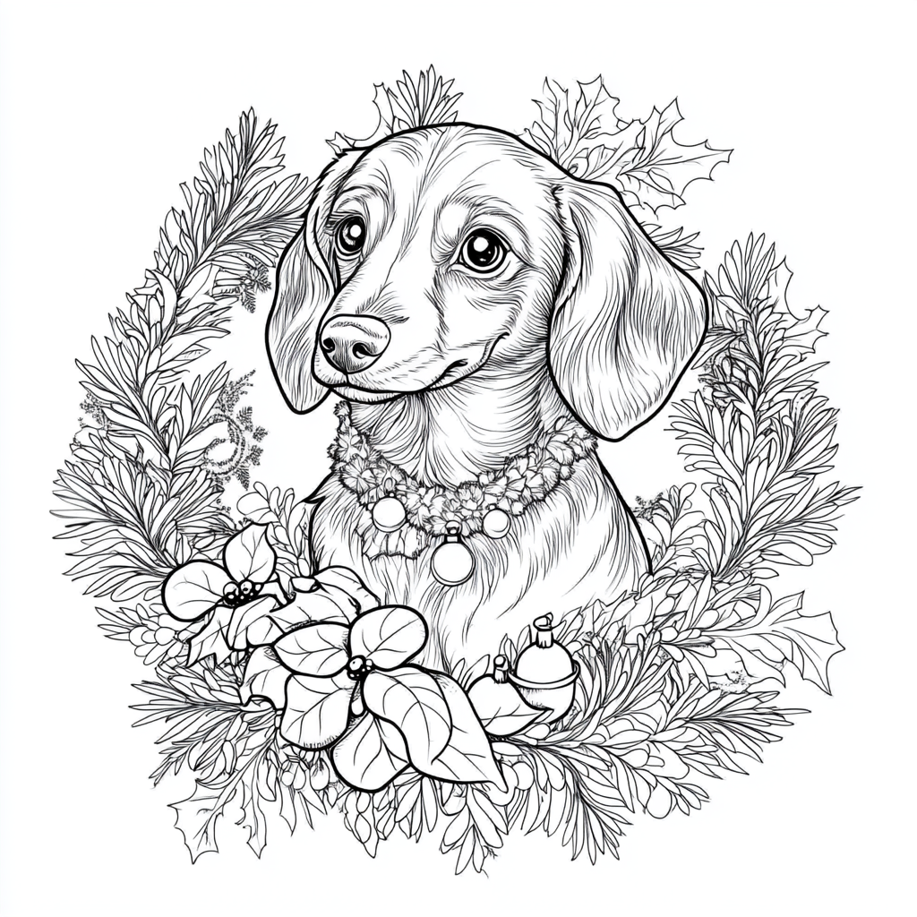 dachshund dog under mistletoe in coloring book style