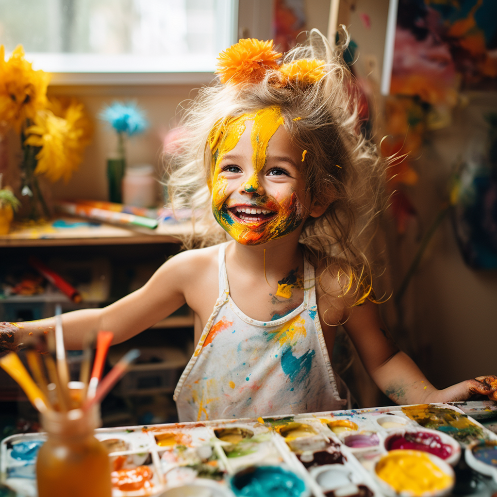 Daisy painting with enthusiasm and creating comedy with paint splatters