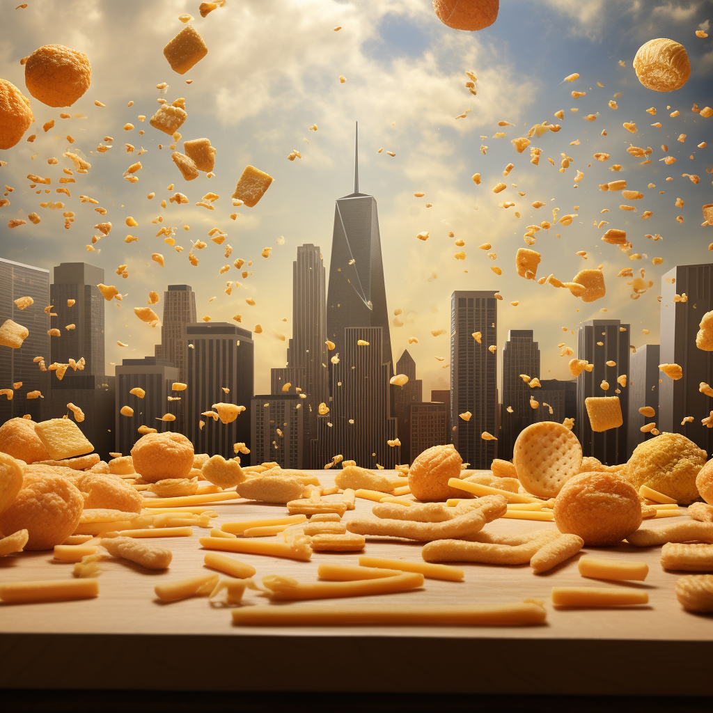 Baguettes & Cheese raining over Dallas Texas skyline