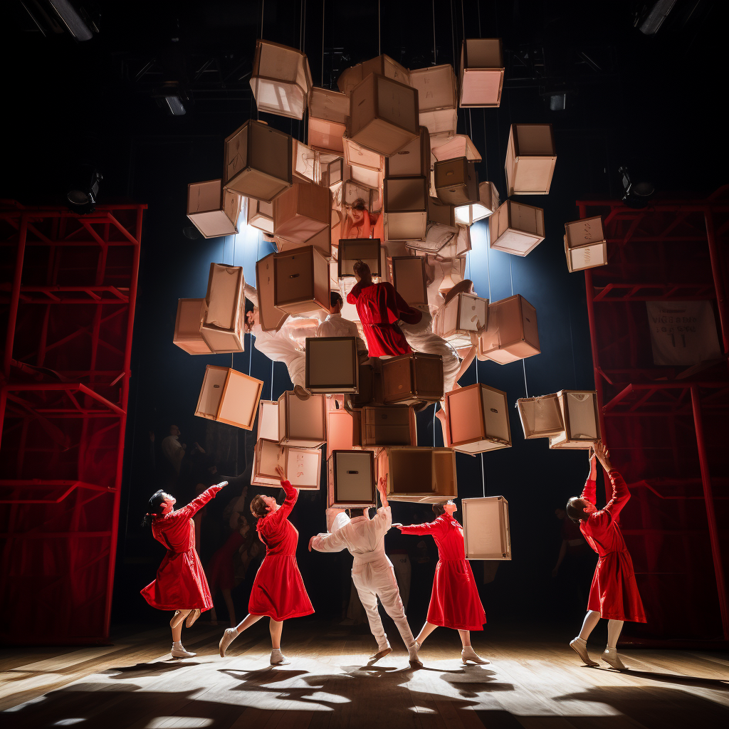 Dancers and aerialists performing with boxes