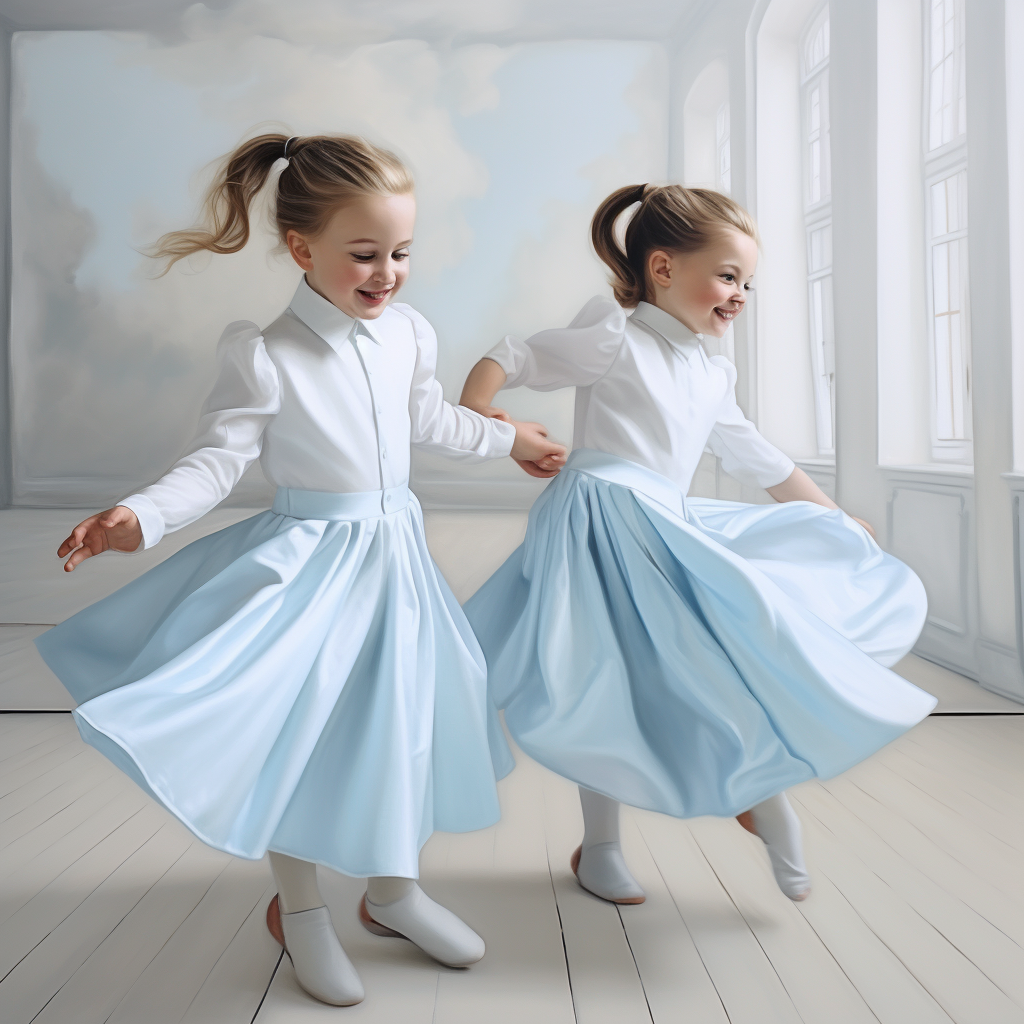 Two girls dancing with flowers on white background