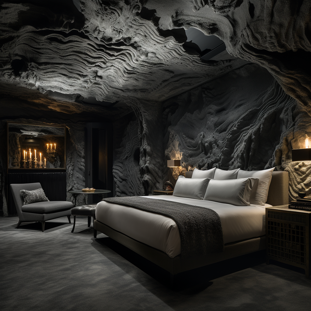 Dark gray room with murals