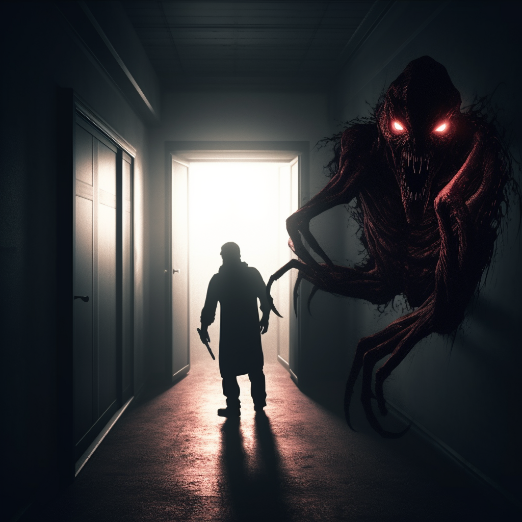 Man hunting demon in dark corridor