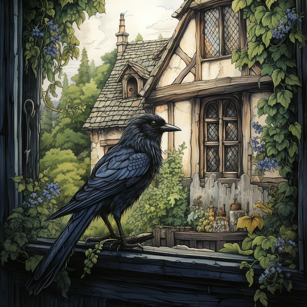 Dark Fantasy Crow at Cottage Window