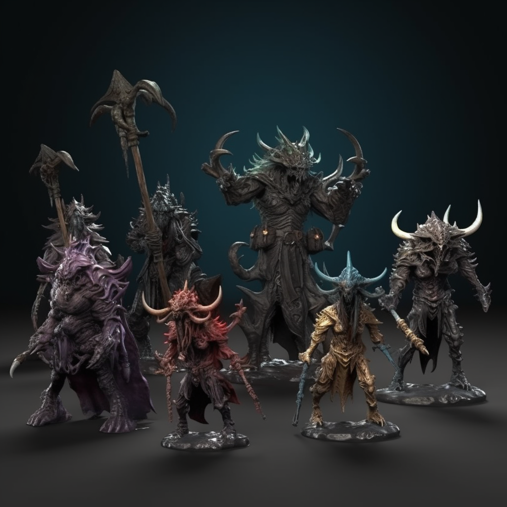 Dark fantasy miniatures enemies in 3D render