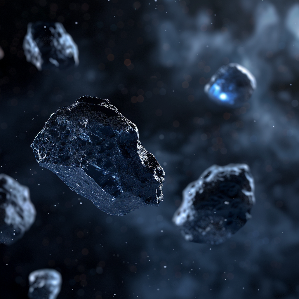 Dark asteroids floating blue ice