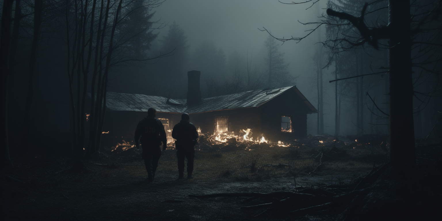 Dark Forest Fire Burning with Policemen