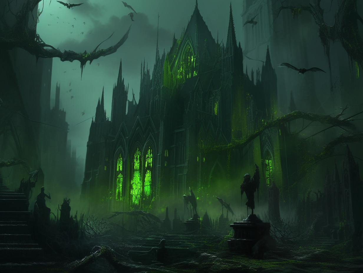 Dark Gothic City with Toxic Green Crystal