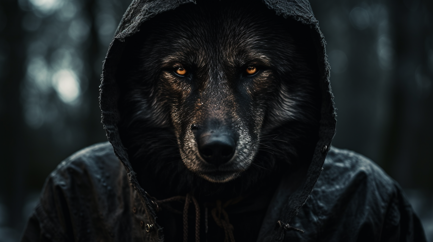 Mysterious dark hooded wolf in human form